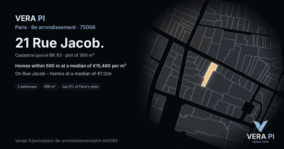 21 Rue Jacob, 6e arrondissement at night – the plot lit, the parcels around coloured by the prices near them