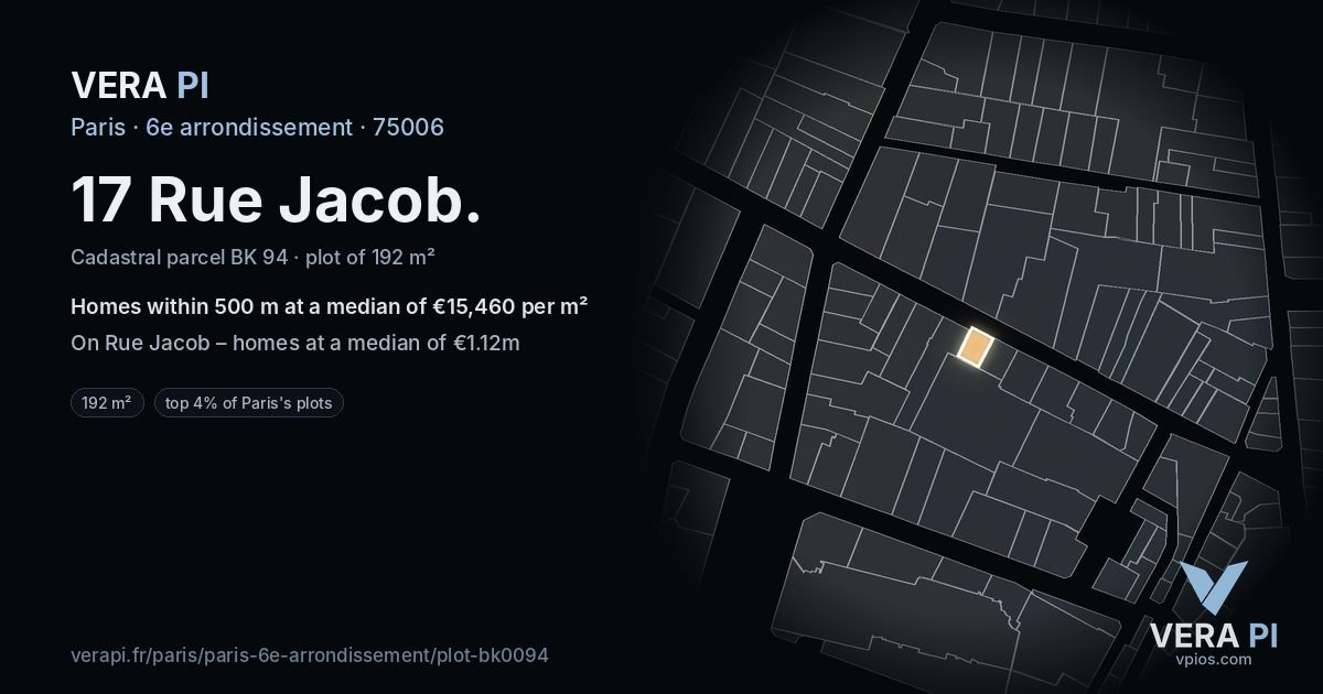 17 Rue Jacob, 6e arrondissement at night – the plot lit, the parcels around coloured by the prices near them