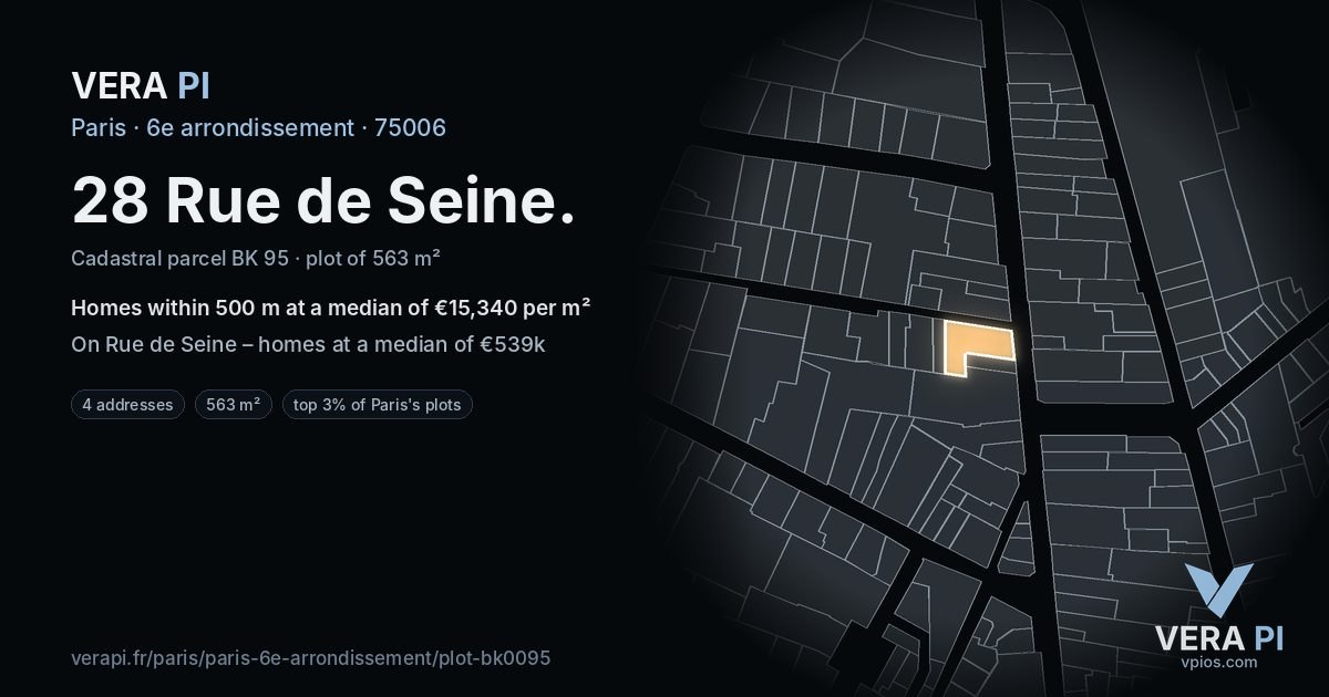 28 Rue de Seine, 6e arrondissement at night – the plot lit, the parcels around coloured by the prices near them