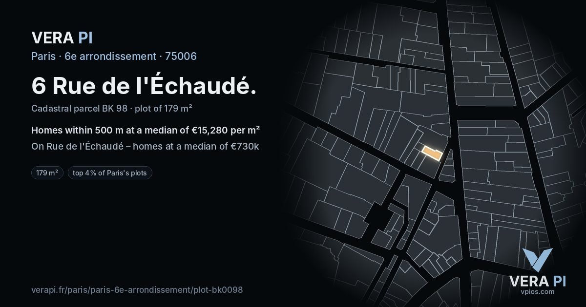 6 Rue de l'Échaudé, 6e arrondissement at night – the plot lit, the parcels around coloured by the prices near them