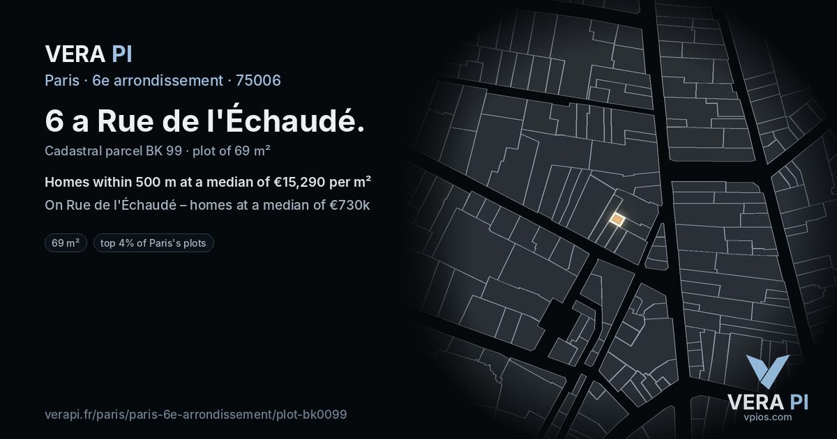 6 a Rue de l'Échaudé, 6e arrondissement at night – the plot lit, the parcels around coloured by the prices near them