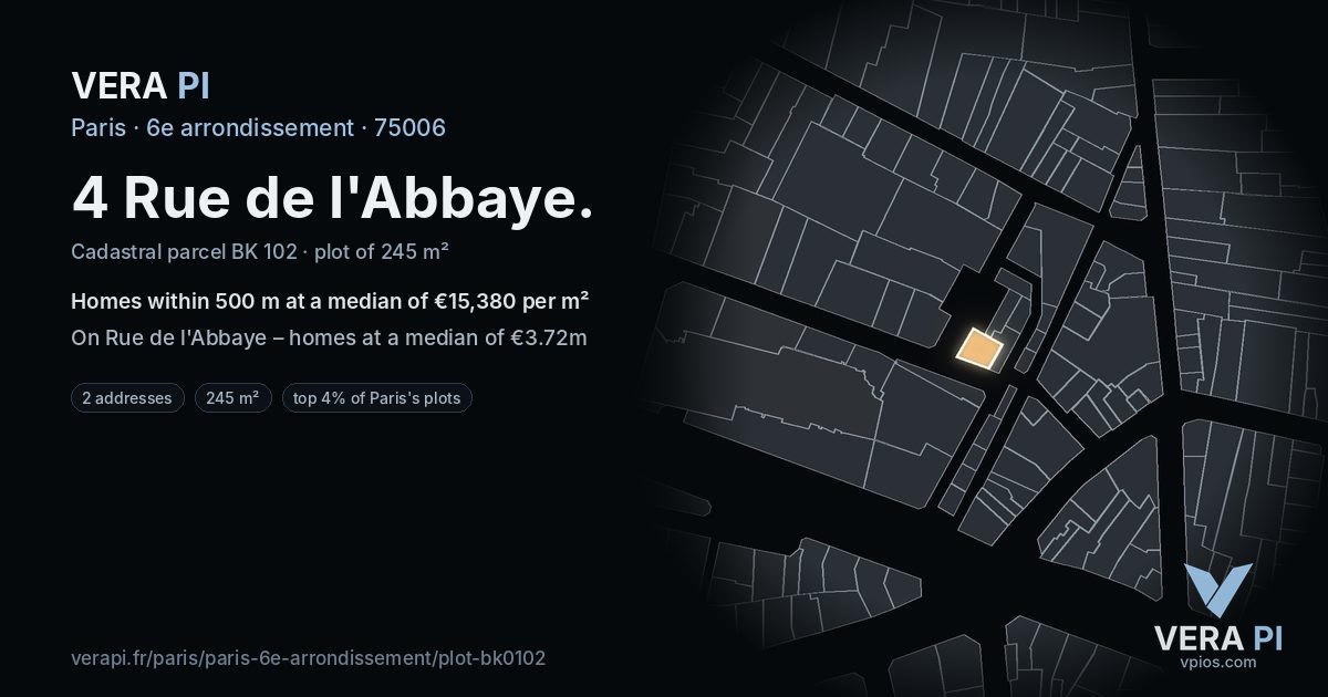 4 Rue de l'Abbaye, 6e arrondissement at night – the plot lit, the parcels around coloured by the prices near them