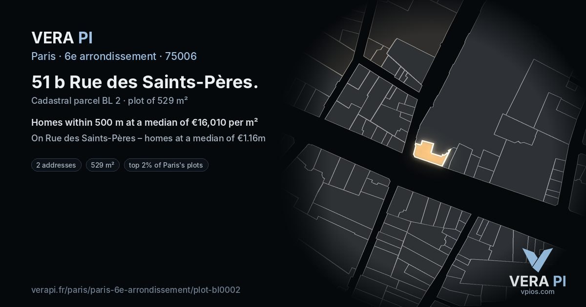 51 b Rue des Saints-Pères, 6e arrondissement at night – the plot lit, the parcels around coloured by the prices near them