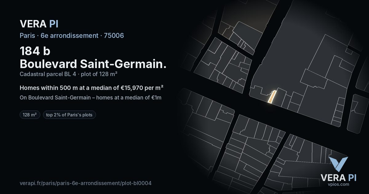 184 b Boulevard Saint-Germain, 6e arrondissement at night – the plot lit, the parcels around coloured by the prices near them