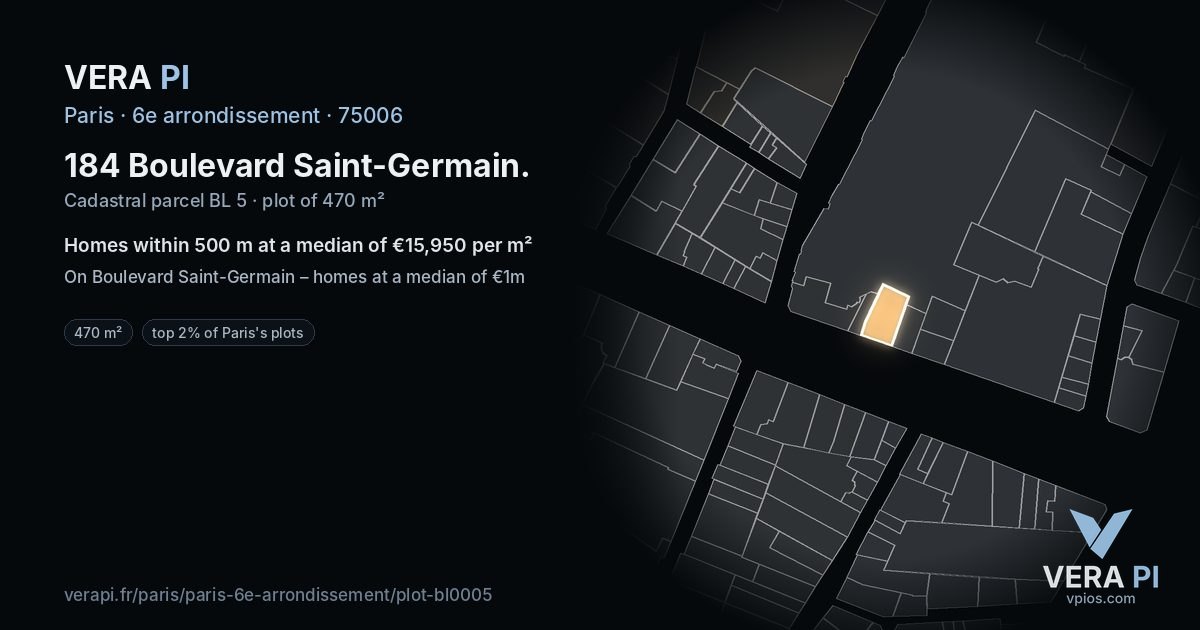 184 Boulevard Saint-Germain, 6e arrondissement at night – the plot lit, the parcels around coloured by the prices near them