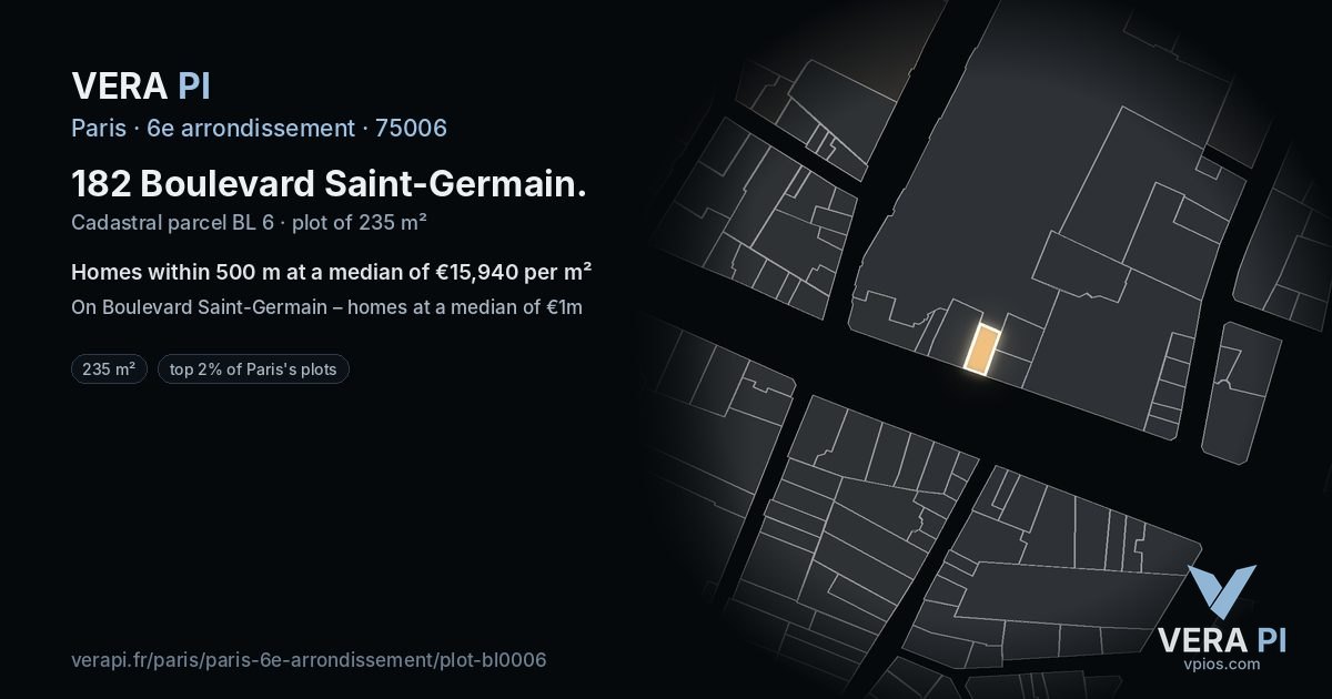 182 Boulevard Saint-Germain, 6e arrondissement at night – the plot lit, the parcels around coloured by the prices near them