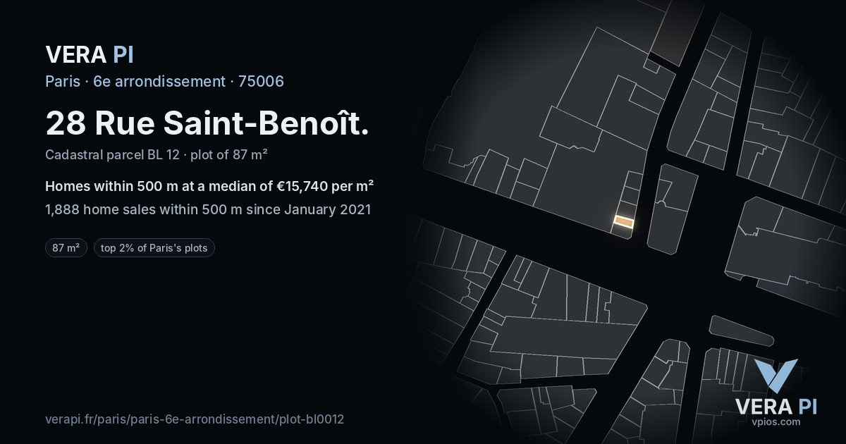 28 Rue Saint-Benoît, 6e arrondissement at night – the plot lit, the parcels around coloured by the prices near them