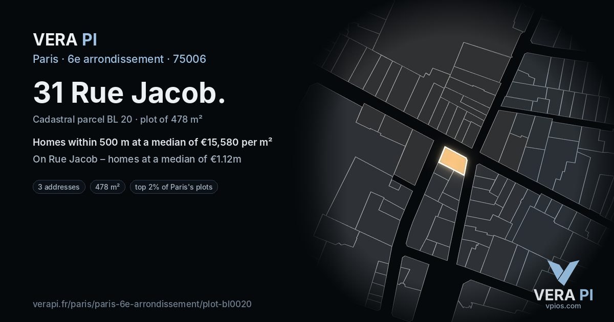 31 Rue Jacob, 6e arrondissement at night – the plot lit, the parcels around coloured by the prices near them