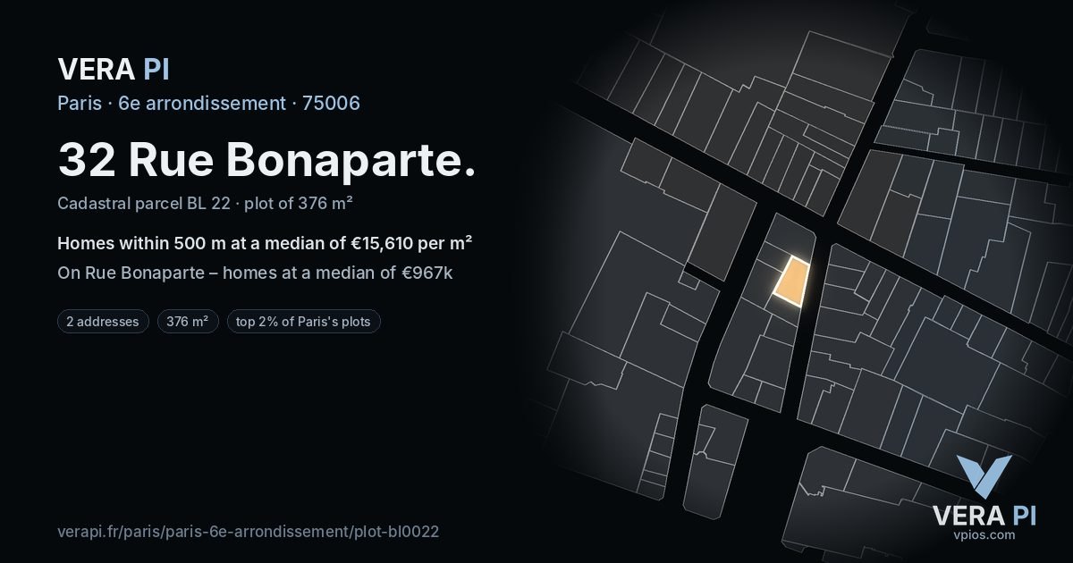 32 Rue Bonaparte, 6e arrondissement at night – the plot lit, the parcels around coloured by the prices near them
