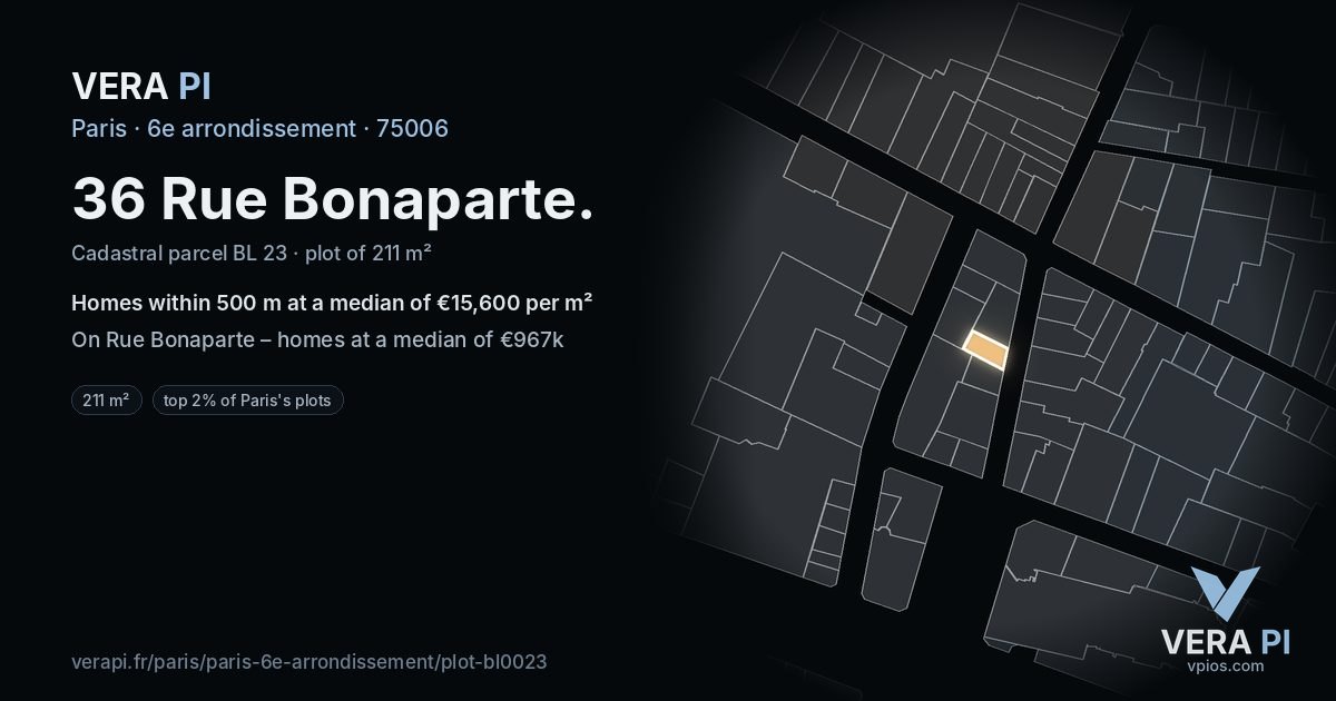 36 Rue Bonaparte, 6e arrondissement at night – the plot lit, the parcels around coloured by the prices near them