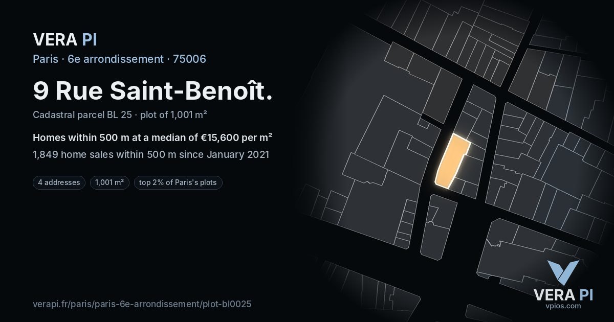 9 Rue Saint-Benoît, 6e arrondissement at night – the plot lit, the parcels around coloured by the prices near them
