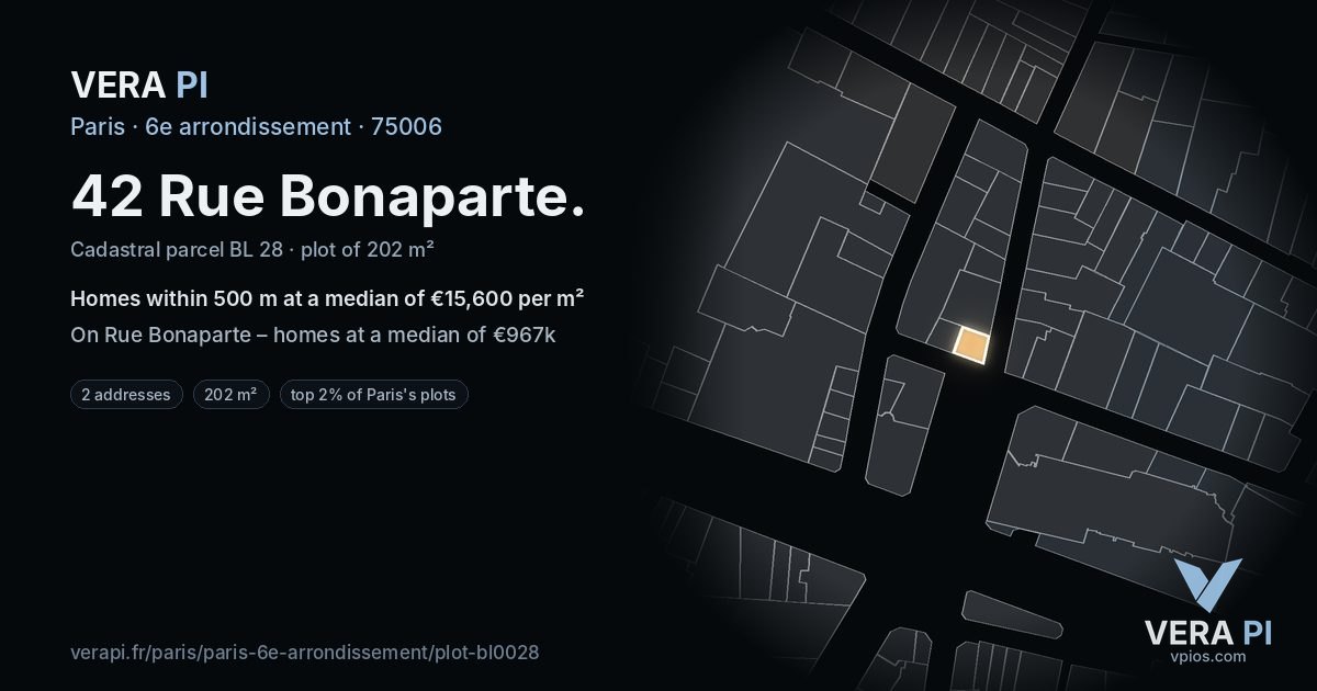 42 Rue Bonaparte, 6e arrondissement at night – the plot lit, the parcels around coloured by the prices near them