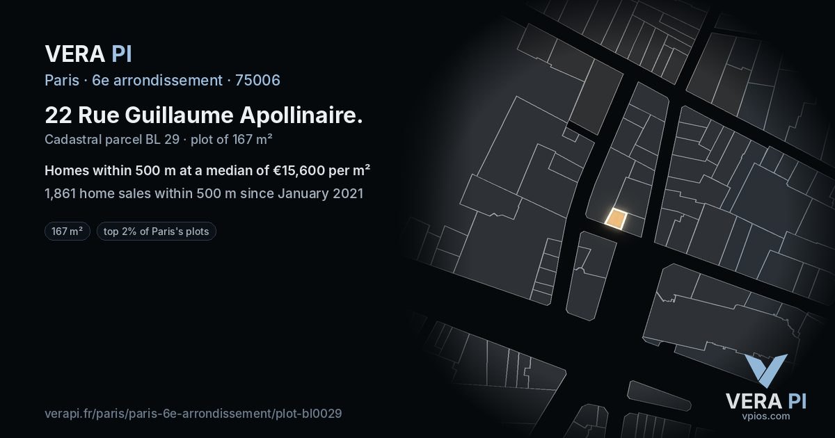 22 Rue Guillaume Apollinaire, 6e arrondissement at night – the plot lit, the parcels around coloured by the prices near them