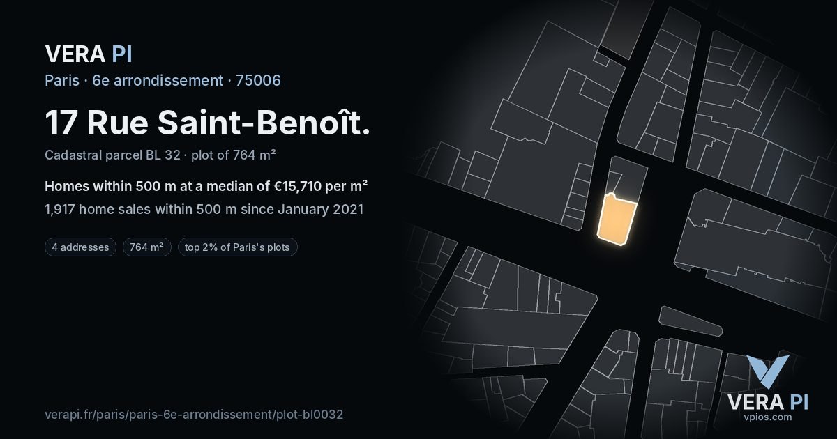 17 Rue Saint-Benoît, 6e arrondissement at night – the plot lit, the parcels around coloured by the prices near them