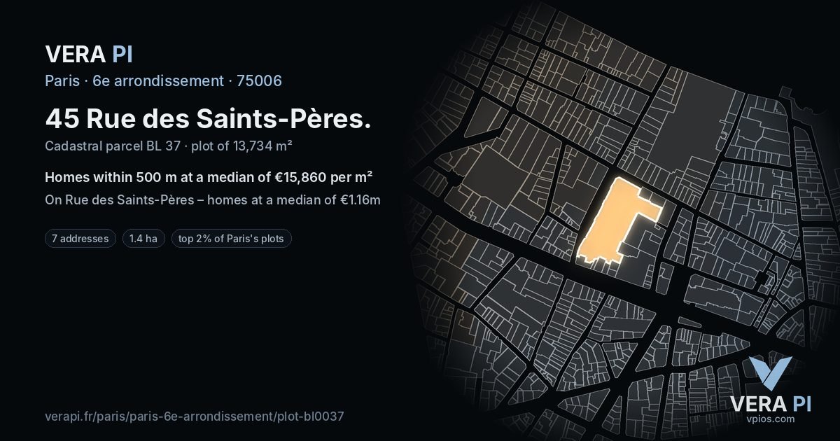 45 Rue des Saints-Pères, 6e arrondissement at night – the plot lit, the parcels around coloured by the prices near them