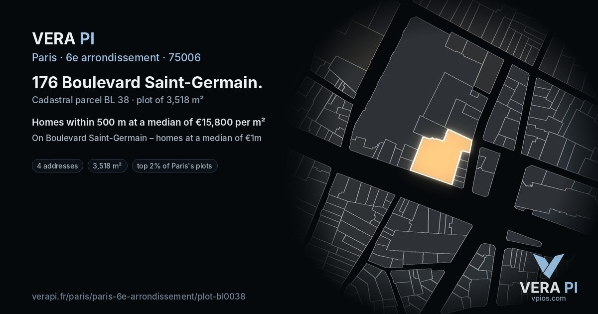 176 Boulevard Saint-Germain, 6e arrondissement at night – the plot lit, the parcels around coloured by the prices near them