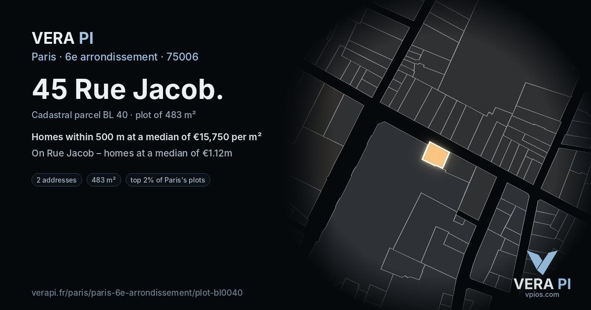 45 Rue Jacob, 6e arrondissement at night – the plot lit, the parcels around coloured by the prices near them