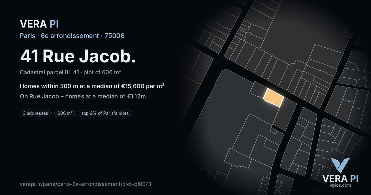 41 Rue Jacob, 6e arrondissement at night – the plot lit, the parcels around coloured by the prices near them