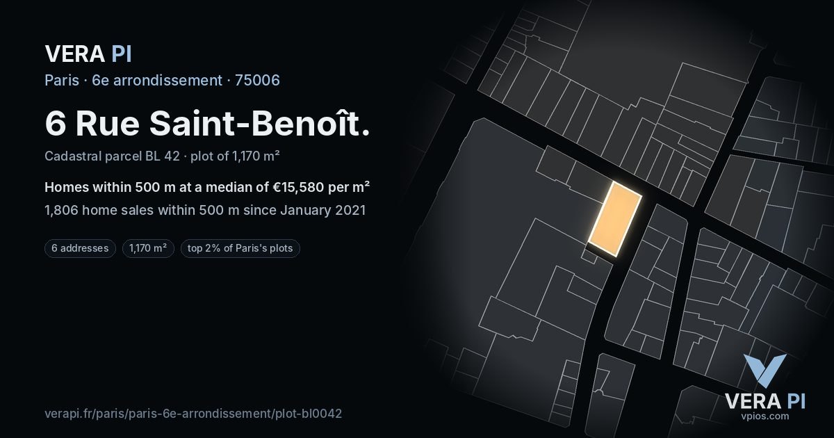 6 Rue Saint-Benoît, 6e arrondissement at night – the plot lit, the parcels around coloured by the prices near them