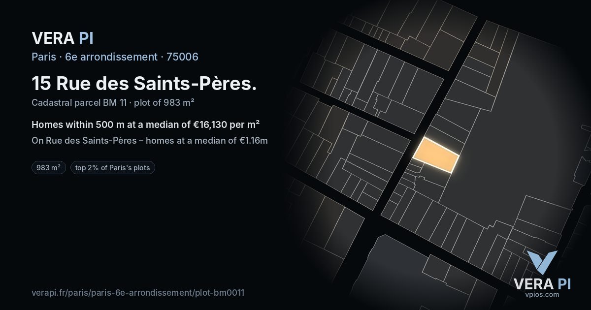 15 Rue des Saints-Pères, 6e arrondissement at night – the plot lit, the parcels around coloured by the prices near them