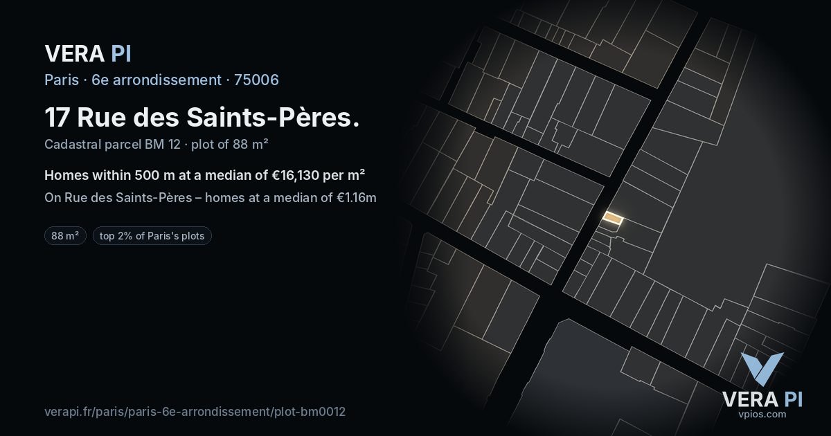 17 Rue des Saints-Pères, 6e arrondissement at night – the plot lit, the parcels around coloured by the prices near them