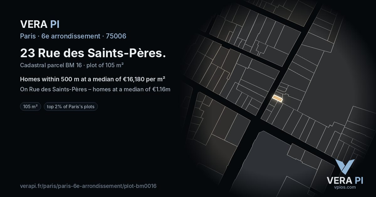 23 Rue des Saints-Pères, 6e arrondissement at night – the plot lit, the parcels around coloured by the prices near them