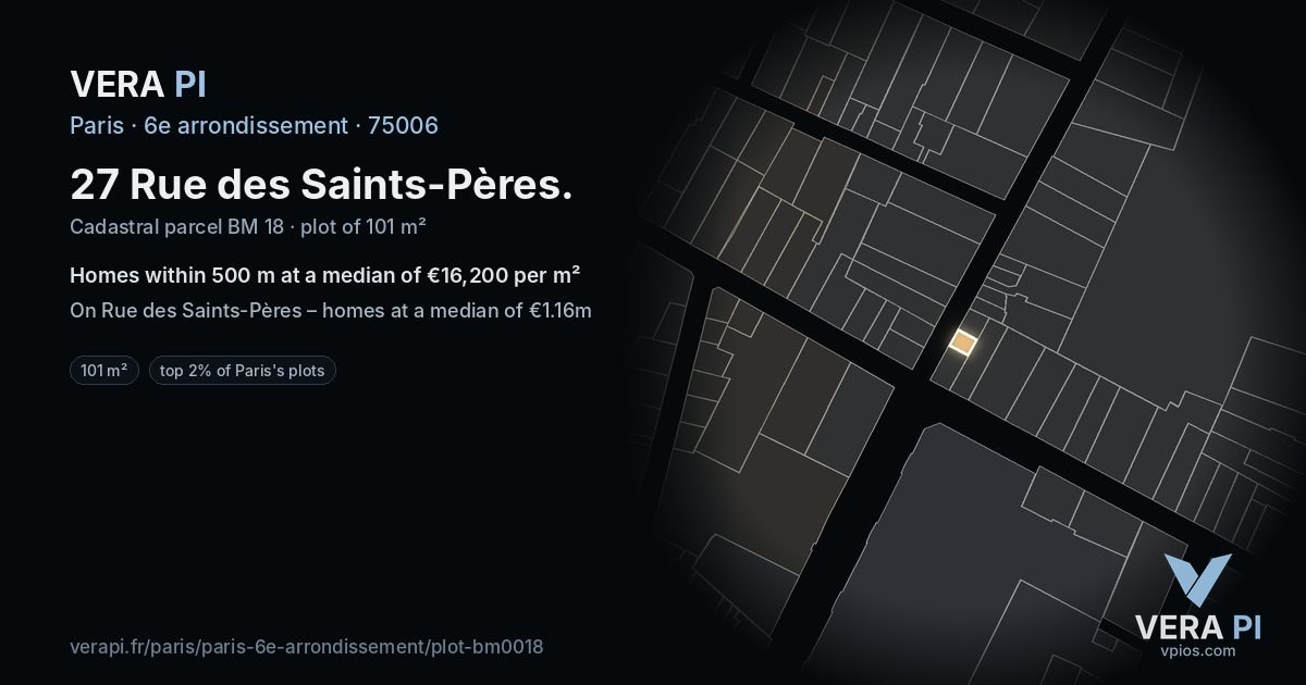27 Rue des Saints-Pères, 6e arrondissement at night – the plot lit, the parcels around coloured by the prices near them