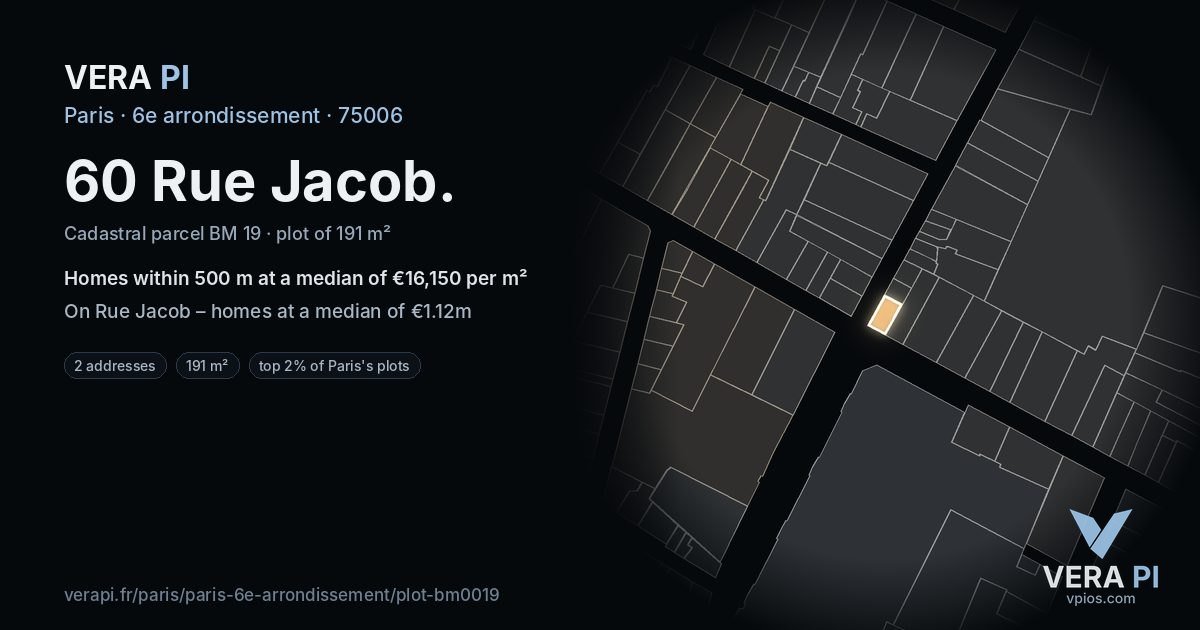 60 Rue Jacob, 6e arrondissement at night – the plot lit, the parcels around coloured by the prices near them