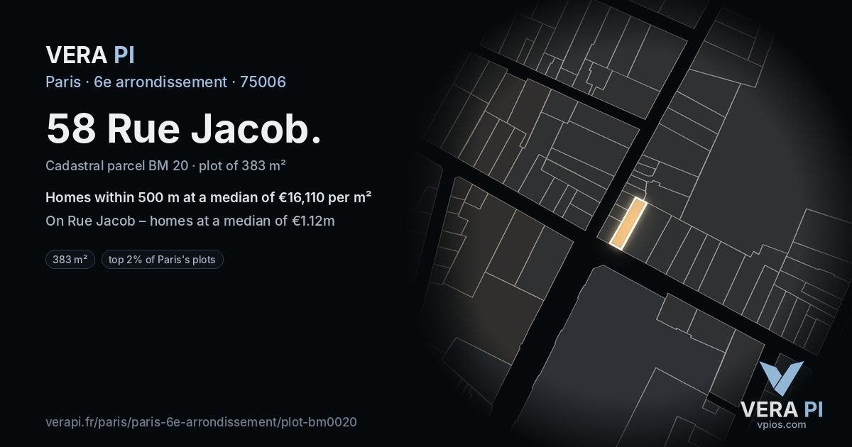 58 Rue Jacob, 6e arrondissement at night – the plot lit, the parcels around coloured by the prices near them