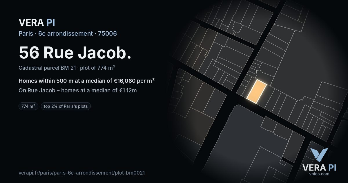 56 Rue Jacob, 6e arrondissement at night – the plot lit, the parcels around coloured by the prices near them