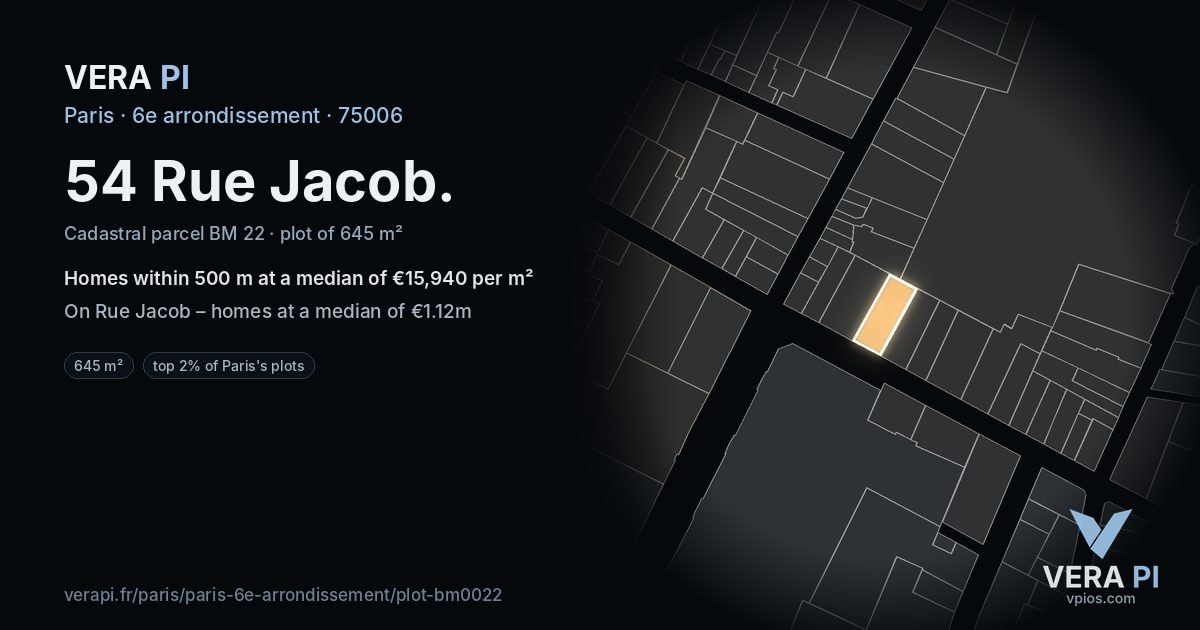 54 Rue Jacob, 6e arrondissement at night – the plot lit, the parcels around coloured by the prices near them