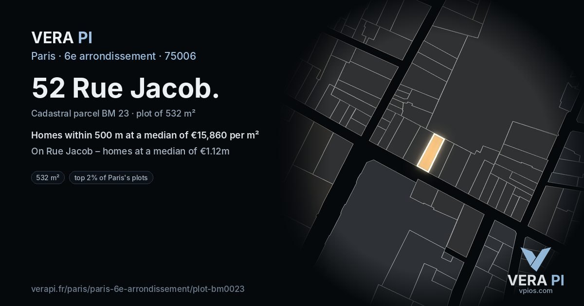 52 Rue Jacob, 6e arrondissement at night – the plot lit, the parcels around coloured by the prices near them