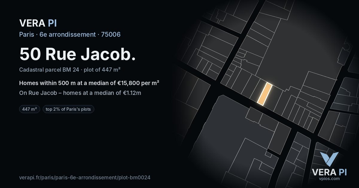 50 Rue Jacob, 6e arrondissement at night – the plot lit, the parcels around coloured by the prices near them