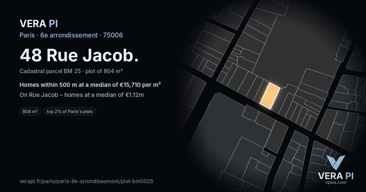 48 Rue Jacob, 6e arrondissement at night – the plot lit, the parcels around coloured by the prices near them