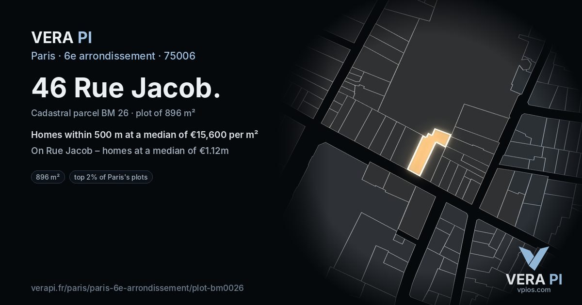46 Rue Jacob, 6e arrondissement at night – the plot lit, the parcels around coloured by the prices near them