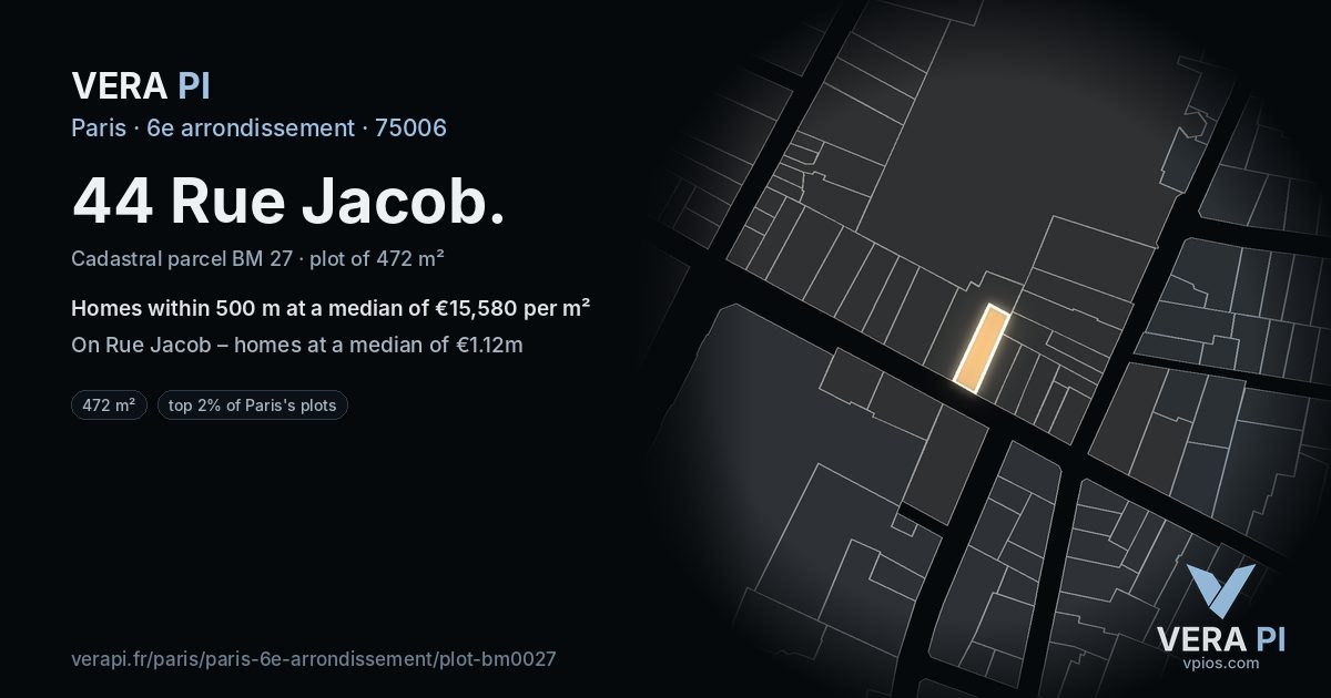 44 Rue Jacob, 6e arrondissement at night – the plot lit, the parcels around coloured by the prices near them