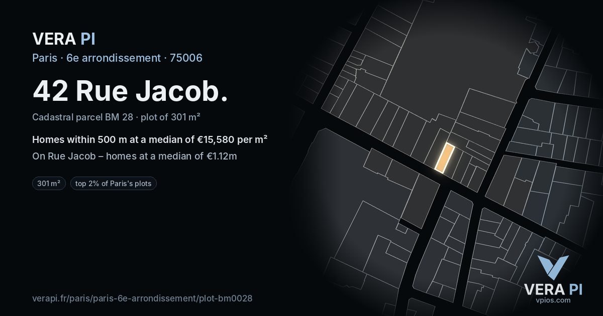 42 Rue Jacob, 6e arrondissement at night – the plot lit, the parcels around coloured by the prices near them