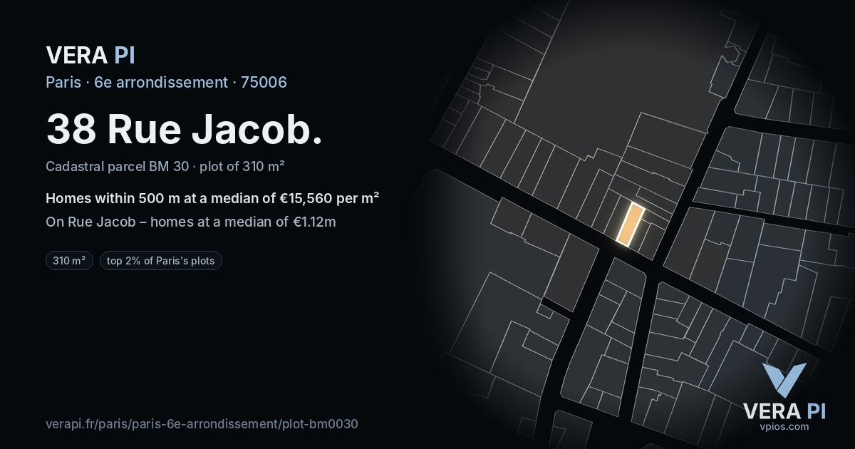38 Rue Jacob, 6e arrondissement at night – the plot lit, the parcels around coloured by the prices near them