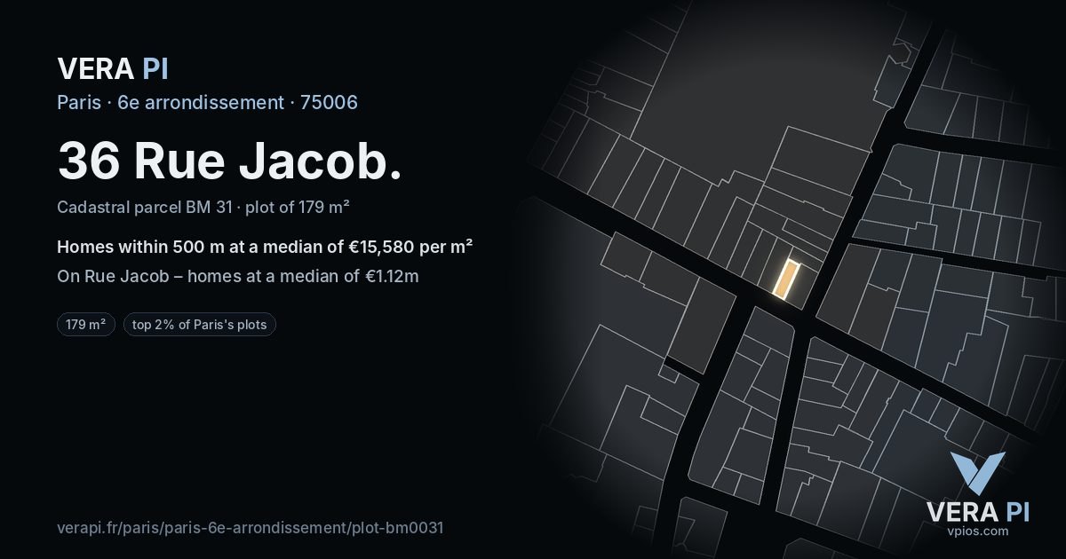36 Rue Jacob, 6e arrondissement at night – the plot lit, the parcels around coloured by the prices near them