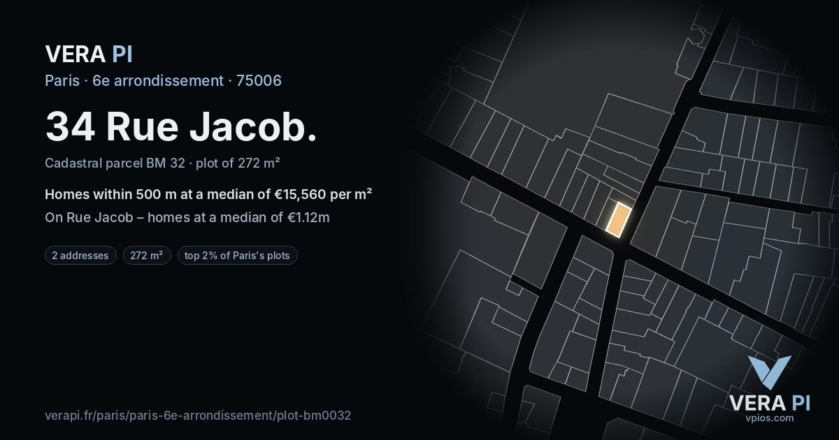 34 Rue Jacob, 6e arrondissement at night – the plot lit, the parcels around coloured by the prices near them