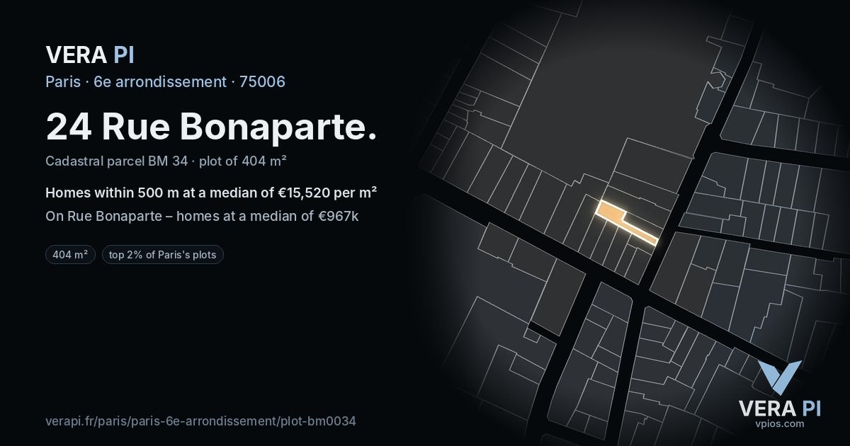 24 Rue Bonaparte, 6e arrondissement at night – the plot lit, the parcels around coloured by the prices near them