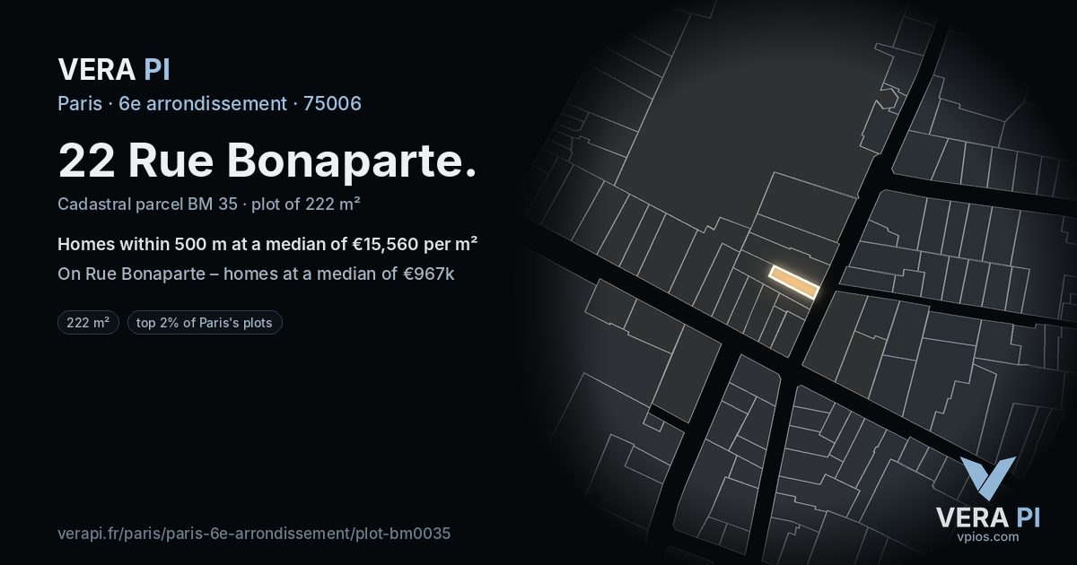 22 Rue Bonaparte, 6e arrondissement at night – the plot lit, the parcels around coloured by the prices near them