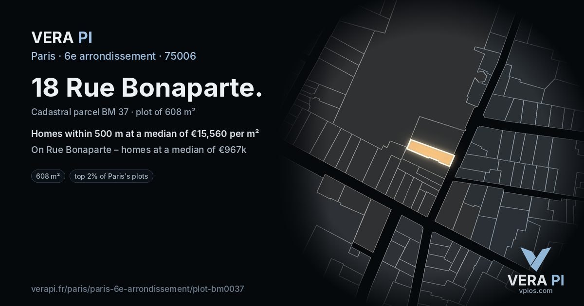 18 Rue Bonaparte, 6e arrondissement at night – the plot lit, the parcels around coloured by the prices near them