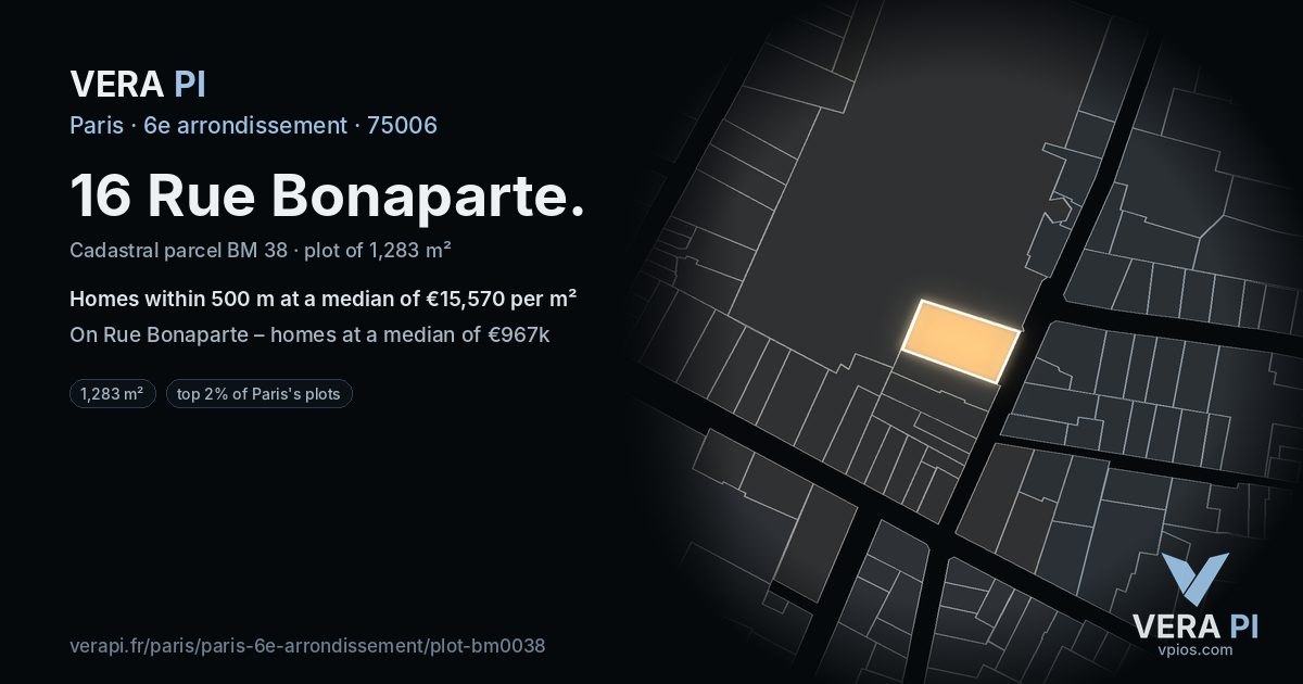 16 Rue Bonaparte, 6e arrondissement at night – the plot lit, the parcels around coloured by the prices near them