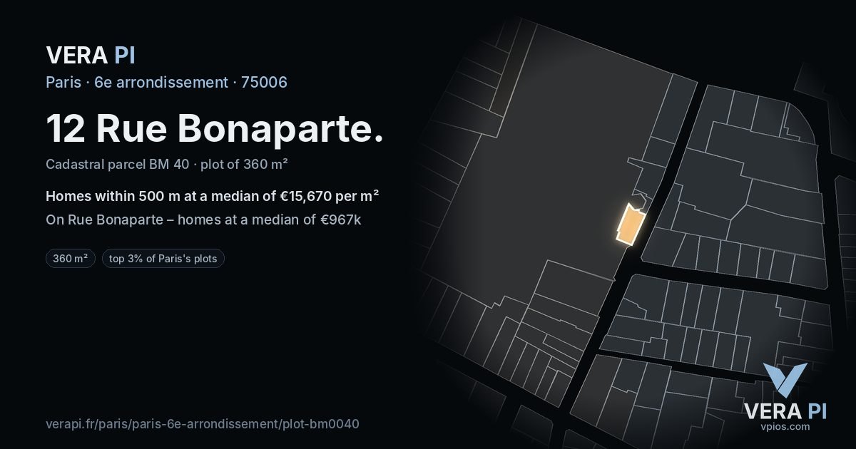 12 Rue Bonaparte, 6e arrondissement at night – the plot lit, the parcels around coloured by the prices near them