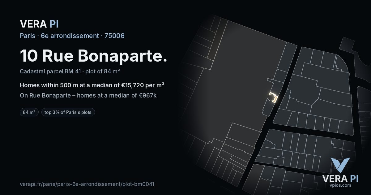10 Rue Bonaparte, 6e arrondissement at night – the plot lit, the parcels around coloured by the prices near them