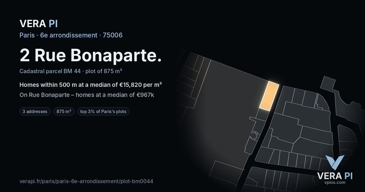 2 Rue Bonaparte, 6e arrondissement at night – the plot lit, the parcels around coloured by the prices near them