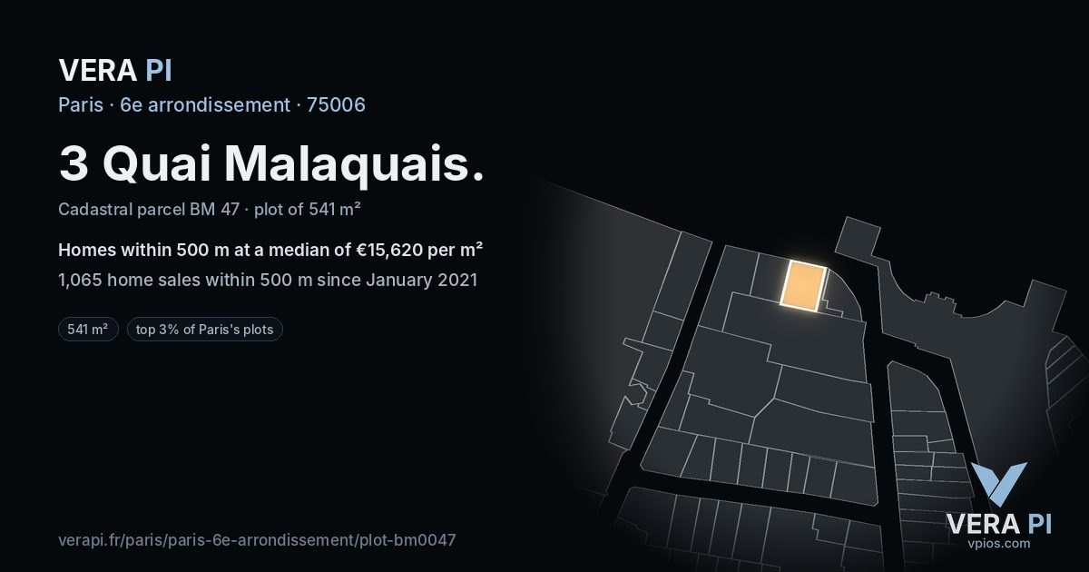 3 Quai Malaquais, 6e arrondissement at night – the plot lit, the parcels around coloured by the prices near them