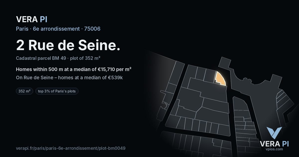 2 Rue de Seine, 6e arrondissement at night – the plot lit, the parcels around coloured by the prices near them