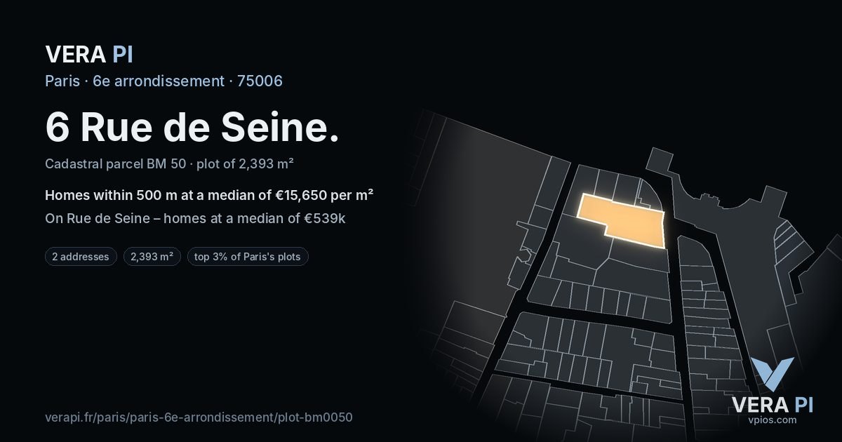 6 Rue de Seine, 6e arrondissement at night – the plot lit, the parcels around coloured by the prices near them